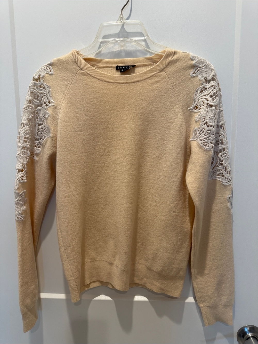 Theory Beige Crewneck Sweater with White Lace Shoulder Detail